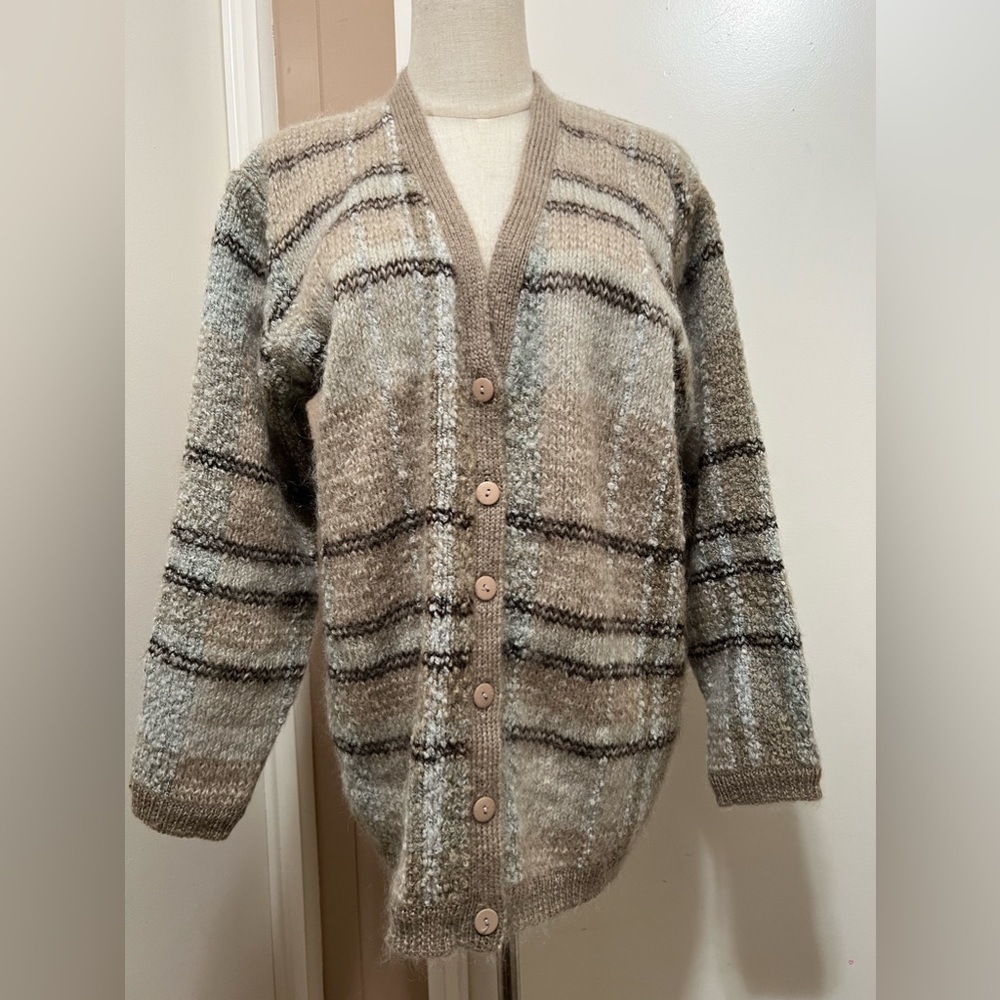 Lise J Large Sweater Vintage L Cardigan Women's V Neck Stripe Wool Blend.